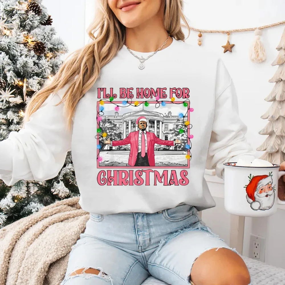 I'll be Home Top damski Trump Character Print Christmas Style Unisex Bluza z kapturem Bluza codzienna Modny długi rękaw