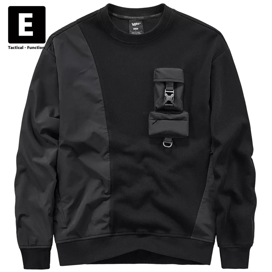 

Streetwear Patchwork Sweatshirt Men Techwear Pullover Spring Autumn Sweatshirts Male Black Sweatshirt Pockets Design