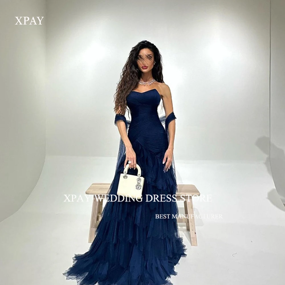 

XPAY Sexy Sweetheart Navy Blue Long Evening Dresses Ruffles Tiered Prom Gowns Formal Party Occasion Dress Long Vestidos