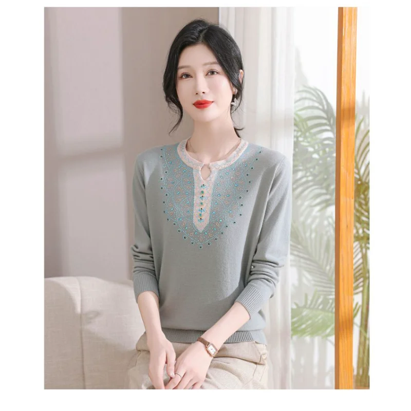 2025 Autumn New Style Spliced   round Neck Fashionable Solid Color Versatile Casual Base Knit Top