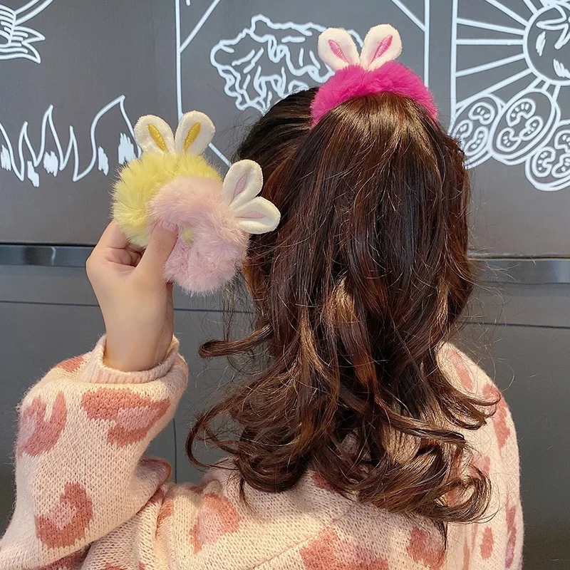 Sweet Girls Rabbit Ears Hair Rope Imitation Rabbit Fur Elastic Hair Bands Woman Fur Fluffy New Headwear Plush Hair Accessories