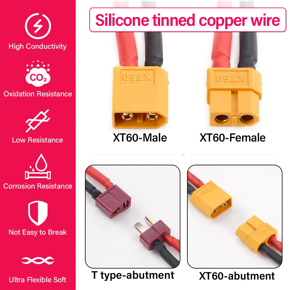 14AWG 10CM XT60 to T-Plug Male Female Adapter Connector Cable silicone tinned copper wire for RC batteries toy cars Drones