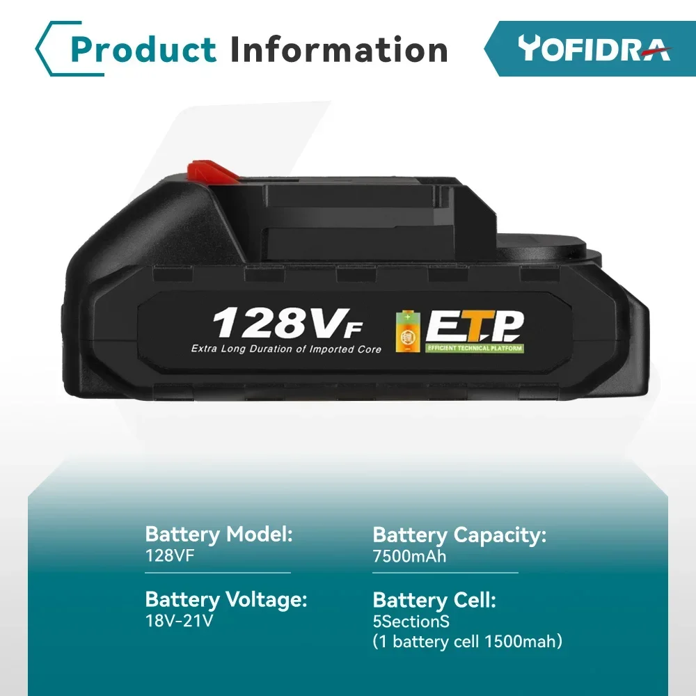 Yofidra 128VF 7500mAh Rechargeable Lithium Battery with Battery Indicator For Makita Electric Power Tool Replacement Battery