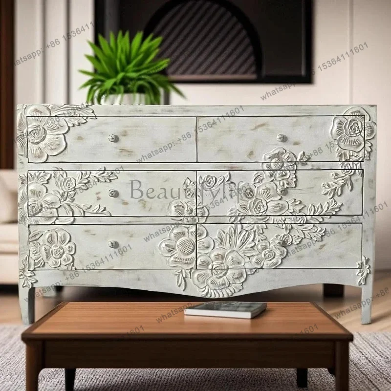 retro old solid wood, small apartment bedroom storage drawer carved living room entrance cabinetX