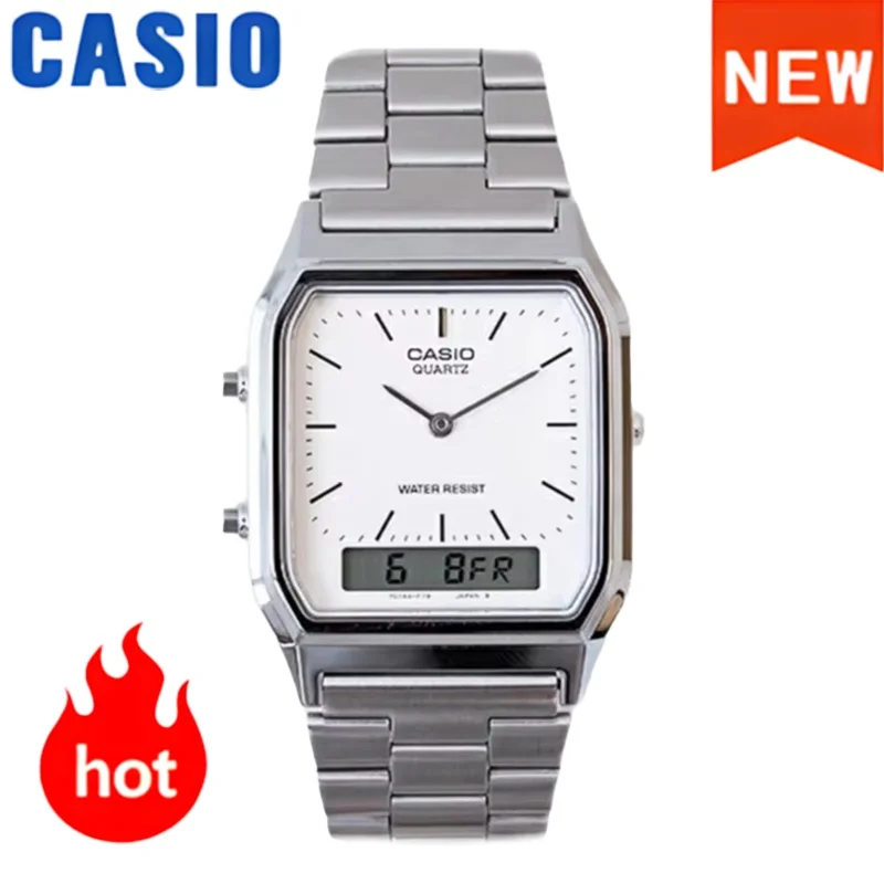 ساعات كاسيو بسوار فولاذي للرجال بشاشة عرض مزدوجة وساعات كوارتز كلاسيكية مربعة مقاومة للماء