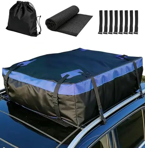 

Водонепроницаемая сумка-багажник Cyfie 15 Cu Ft для крыши автомобиля - Оксфорд 420D, подходит для всех типов транспортных средств, в комплекте противоскользящий коврик и крючки