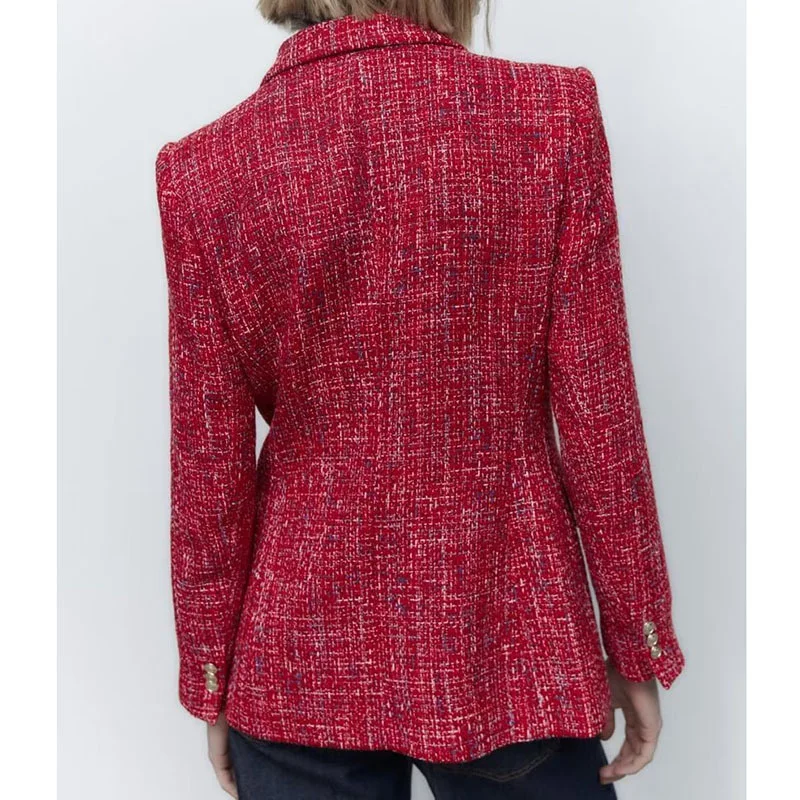 Elegant Blazer New Women Double Breasted Fashion Red Textured Long Sleeve Suit Coat Casual Office Wear Jackets Female Outwear