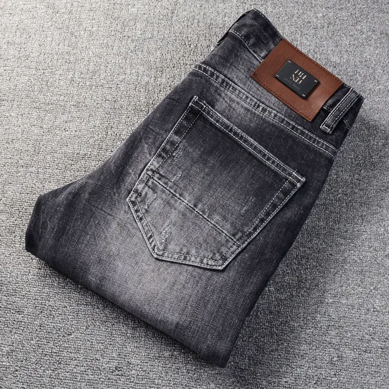 Latest Fashion Men's Jeans Vintage Black Grey Elastic Slim Fit Vintage Split Jeans Men's Patch Designer Hip Hop Jeans