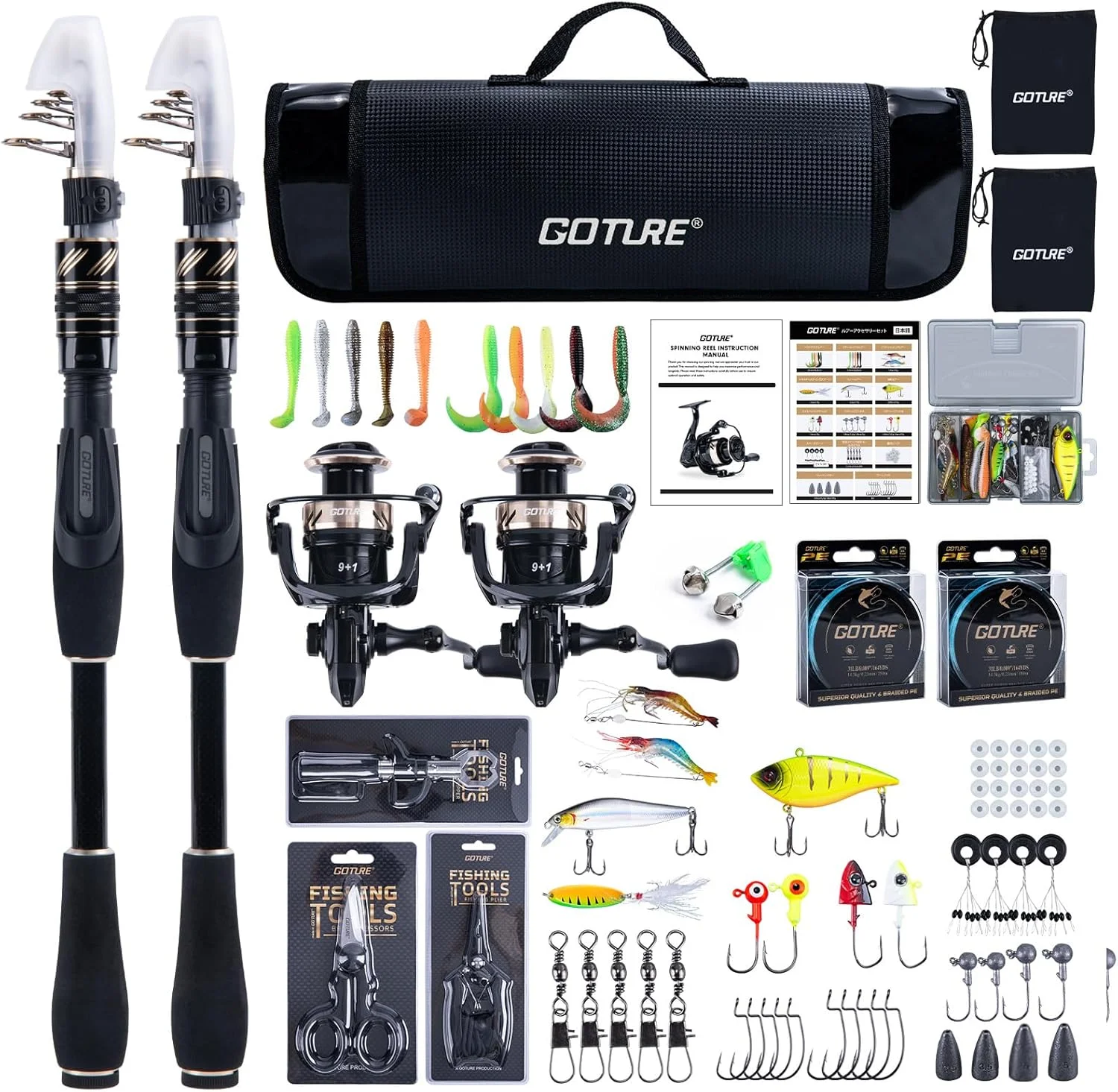 

Goture Telescopic Fishing Rod Reel Combo 9+1 Stainless Steel Bearings Reel Carbon Fiber Travel Fishing Pole Kit with Carrier Bag