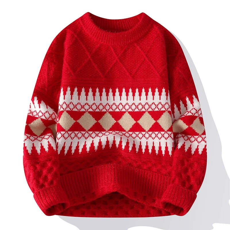 남성 가을 겨울 긴팔 니트 스웨터 라운드넥 자카드 기하학 무늬 풀오버 레저 패션 트렌드 청년 남성 의류 상의