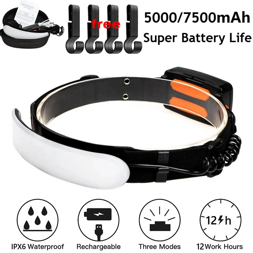 

Сверхширокоугольный налобный фонарь COB, светодиодный портативный фонарик, перезаряжаемый 5000 мАч/7500 мАч, фара для наружного рабочего освещения, налобный фонарь