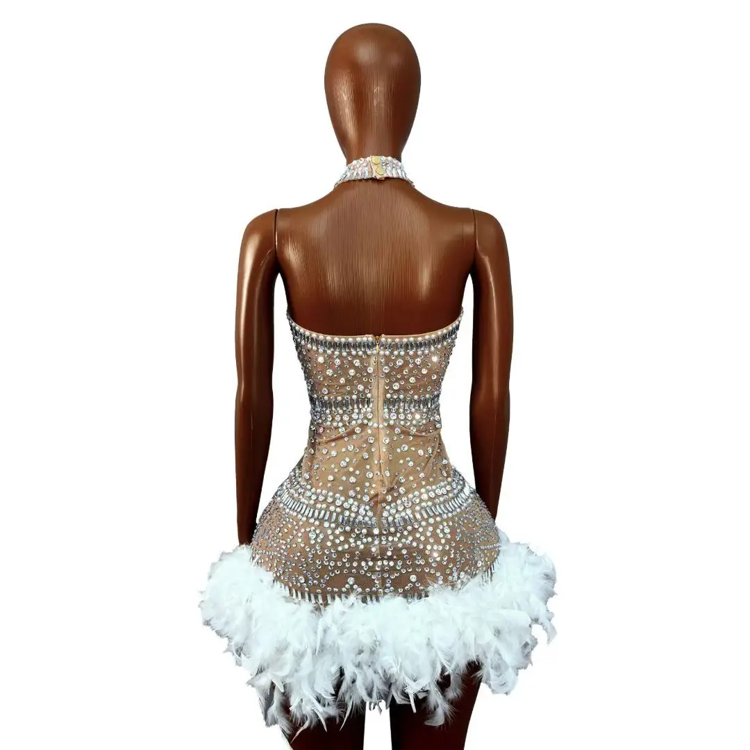 Baomaoxian Nude Silver Rhinestone Embellished Halter Neck Sheer Mesh Bodycon Mini Dress with White Feather Trim for Party