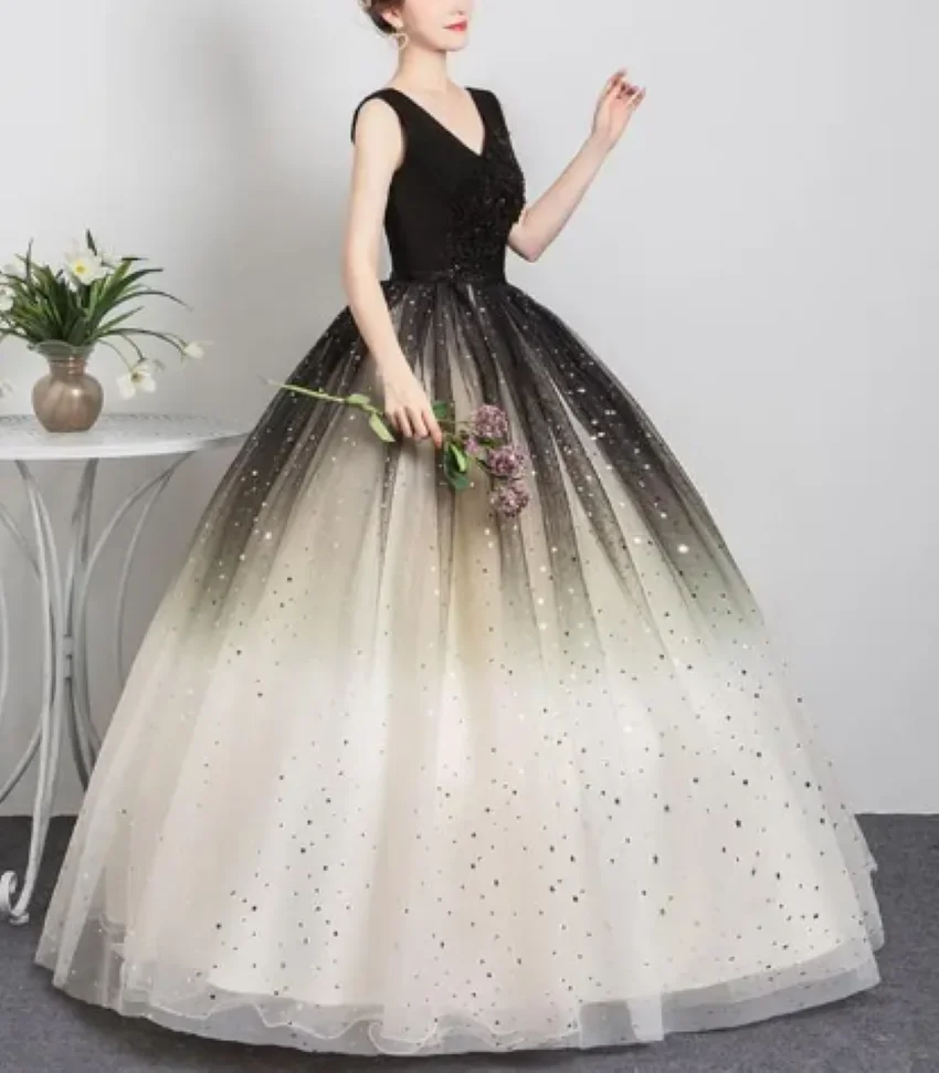 Vestido de quinceañera para graduación, traje de baile con manga y lentejuelas, color negro, a juego, con cuello en V, 2023