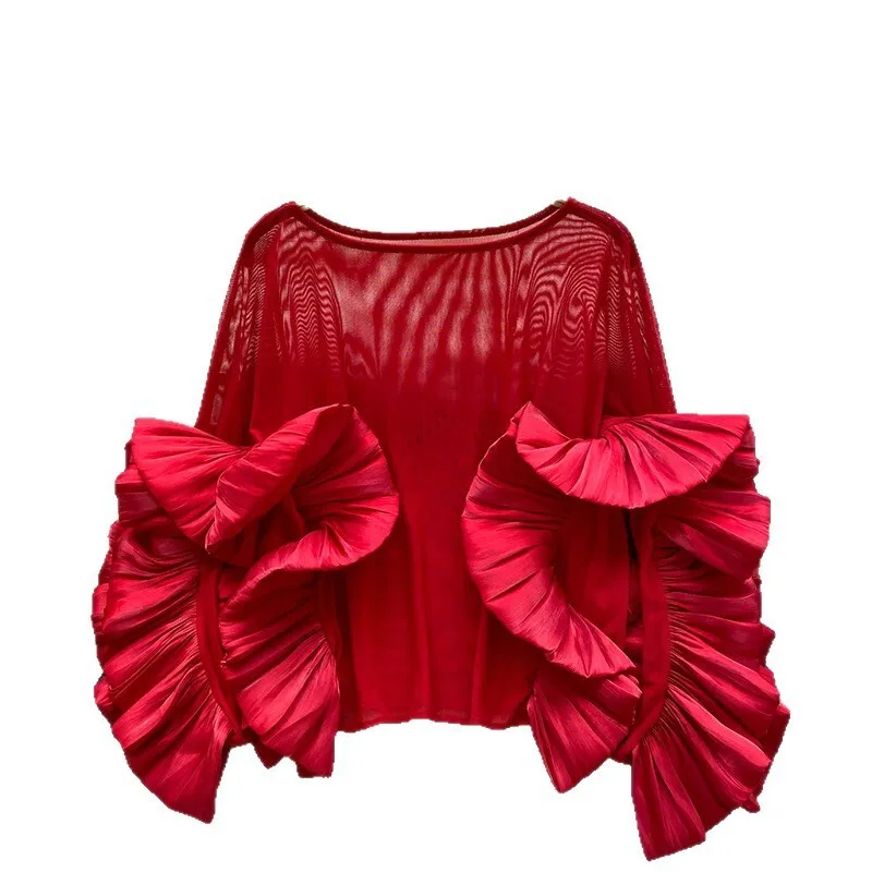 Leichtes, luxuriöses Socialite-Hemd für Damen, sommerliches, gerüschtes, dünnes Netzgewebe, lockere Passform, elegantes und hochwertiges Oberteil