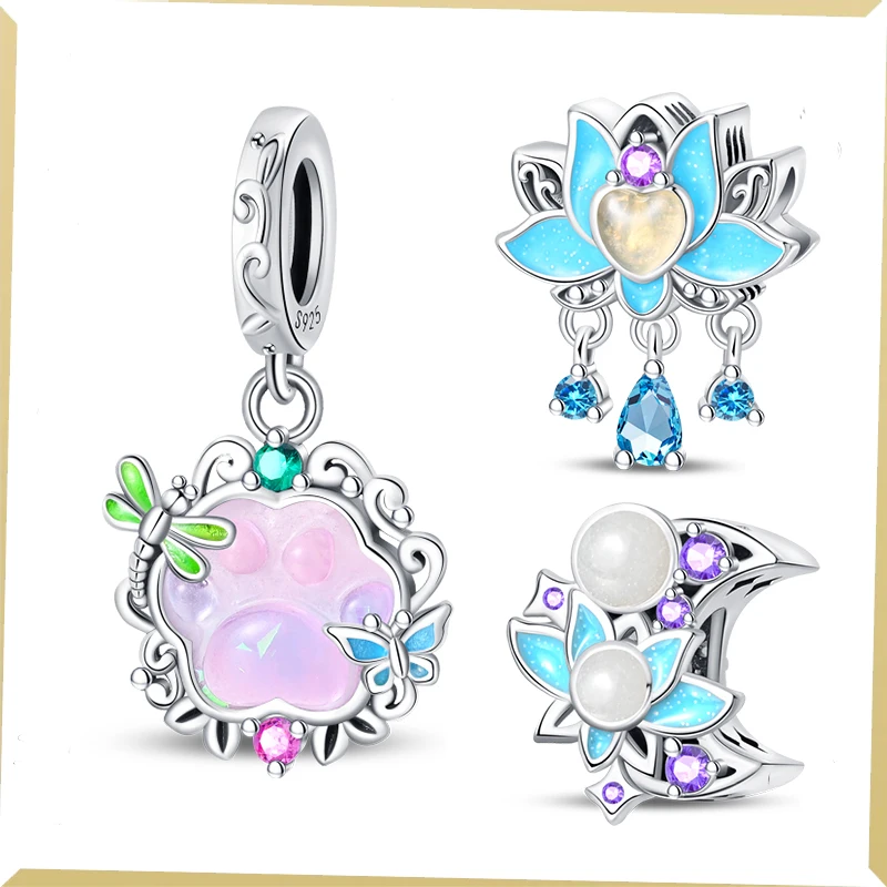 

2024 New Fashion 925 Silver Luminous Blue Color Lotus Charm Bead Fit Pandora Original Bracelet Necklace Womens Diy Jewelry Gifts