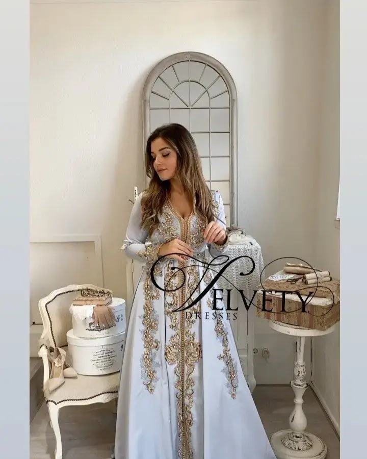 

Moroccan Kaftan Muslim Evening Dresses A-line V-neck Long Sleeves Appliques Beaded Dubai Arabic Turkey Caftan Abaya Islamic Gown