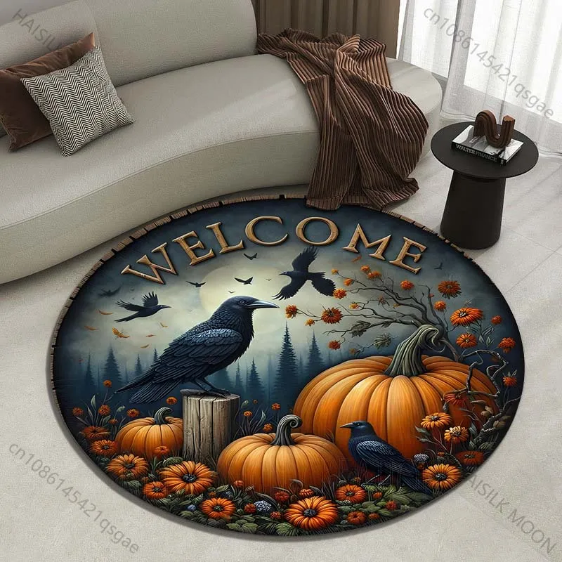 Autumn pumpkins and ravens in forest Printed round carpet living room sofa table large pet mat soft round carpet home decor