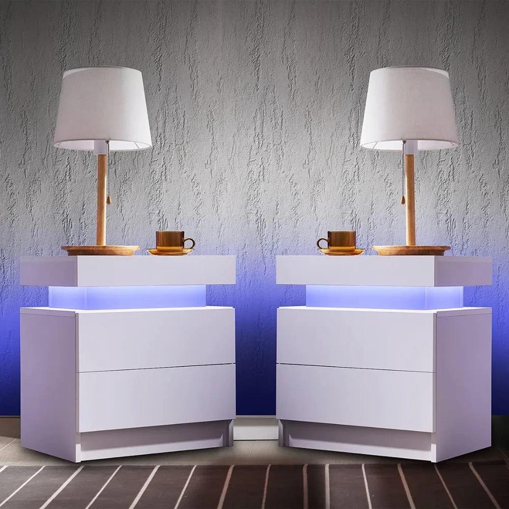 Nightstand Set of 2 LED Nightstand with 2 Drawers, Bedside Table with Drawers for Bedroom Furniture