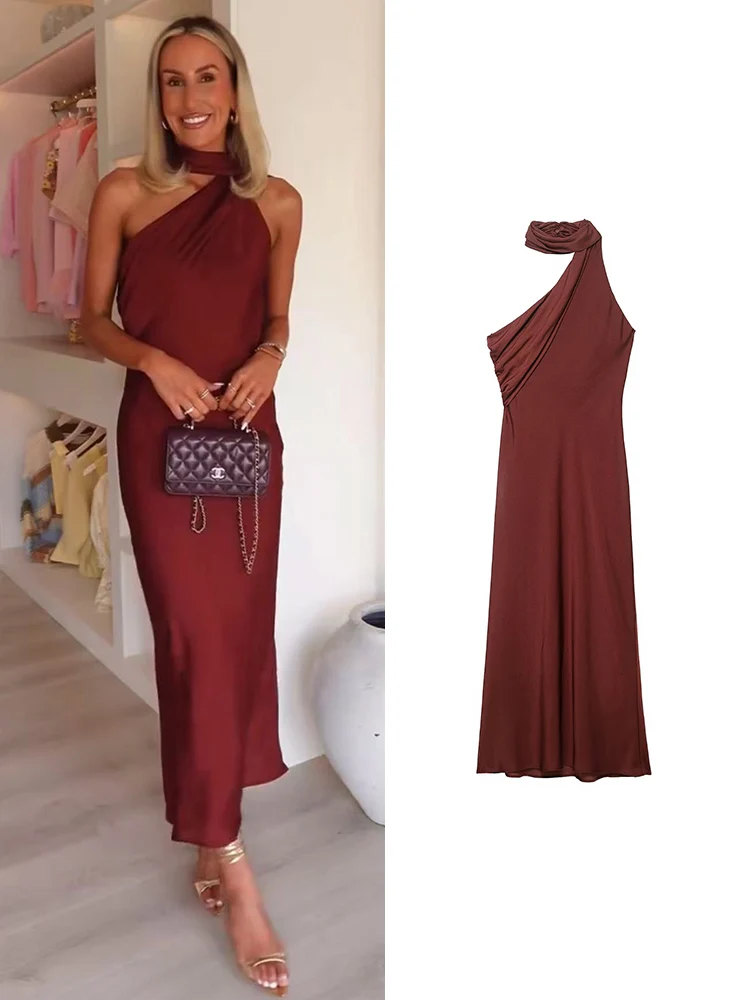 TFMLN Fashion Women's Integrated Scarf Neck Dress Elegant Halter Asymmetric Scarf Collar Sleeveless Evening Dresses Summer New