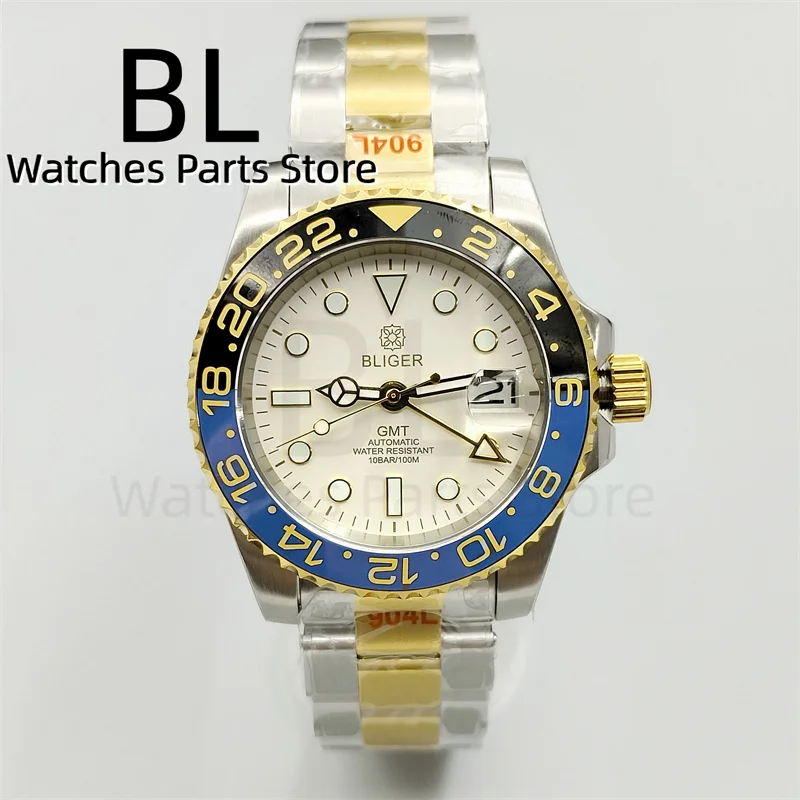 BLIGER 40mm GMT Watch For Men NH34 With Gold Index Bezel White Dial Gold Time Mark Gold Pointer Sapphire Glass Two Tone Bracelet