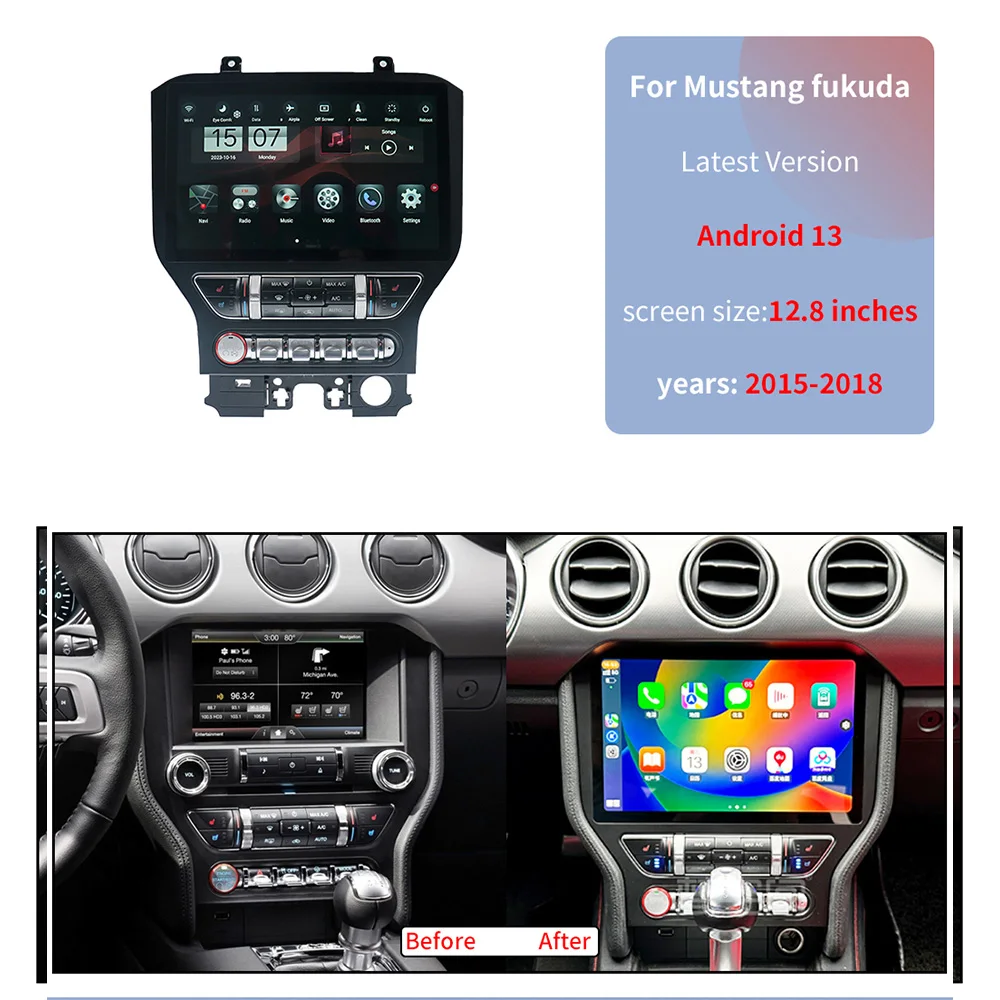 Android 14 8G+128G For Mustang Fukuda 2015-2018 Car Radio 8 Core Latest Version Stereo Multimedia Player Navigation GPS Carplay