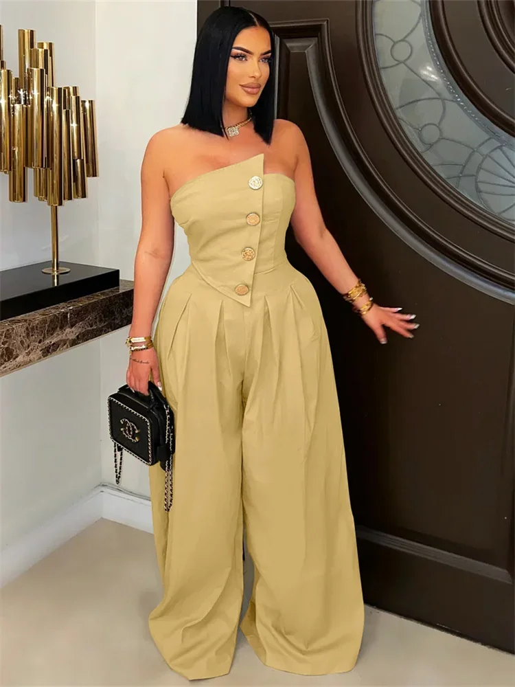

DSMTRC Womens Summer Strapless Zip Backless Street Playsuits Metal Buttons Patchwork Wide-Leg Jumpsuits Fashion Classic Overalls