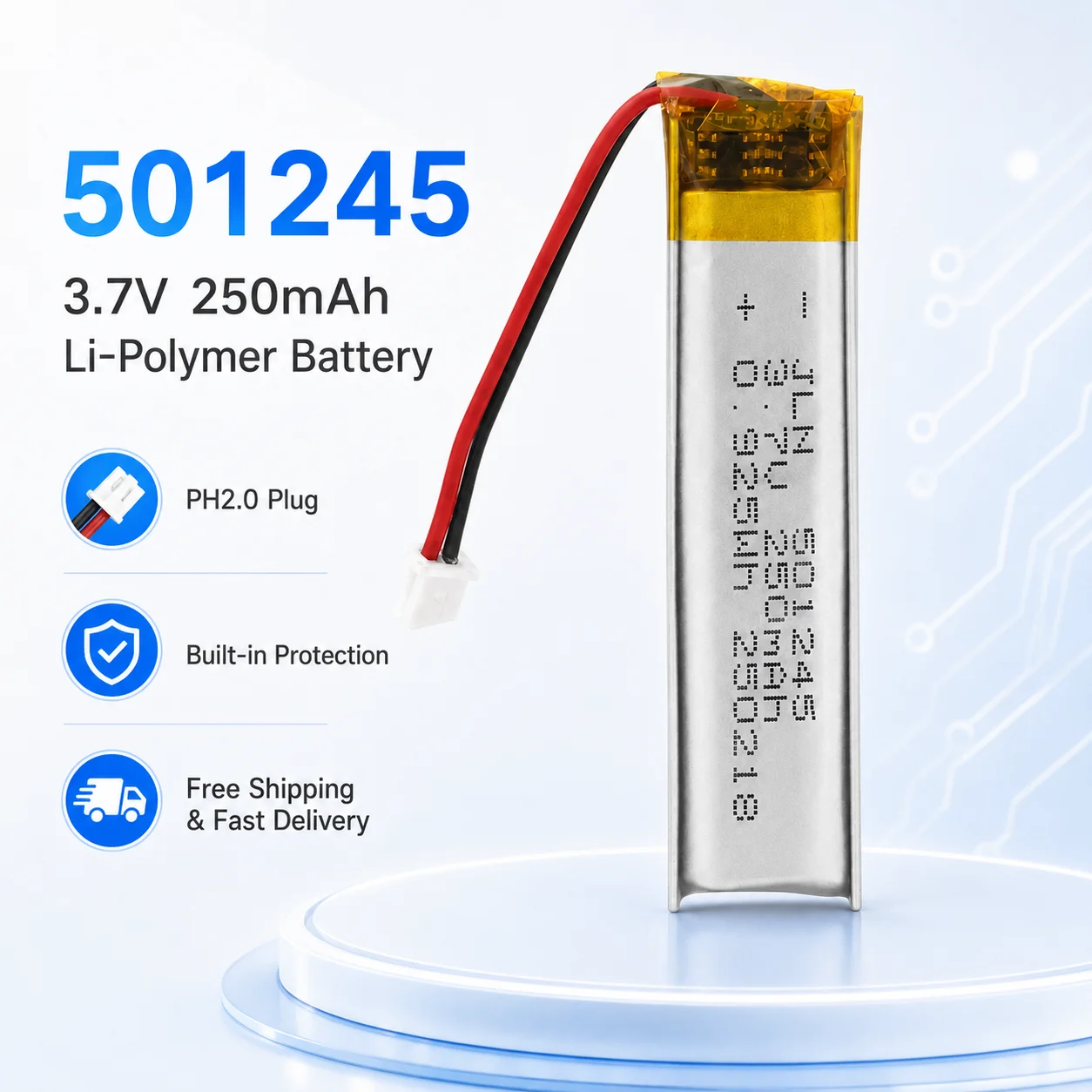 501245 3.7V 250mAh LiPo Battery PH2.0 Plug Rechargeable Lithium Polymer Battery for Bluetooth LED DIY Electronics