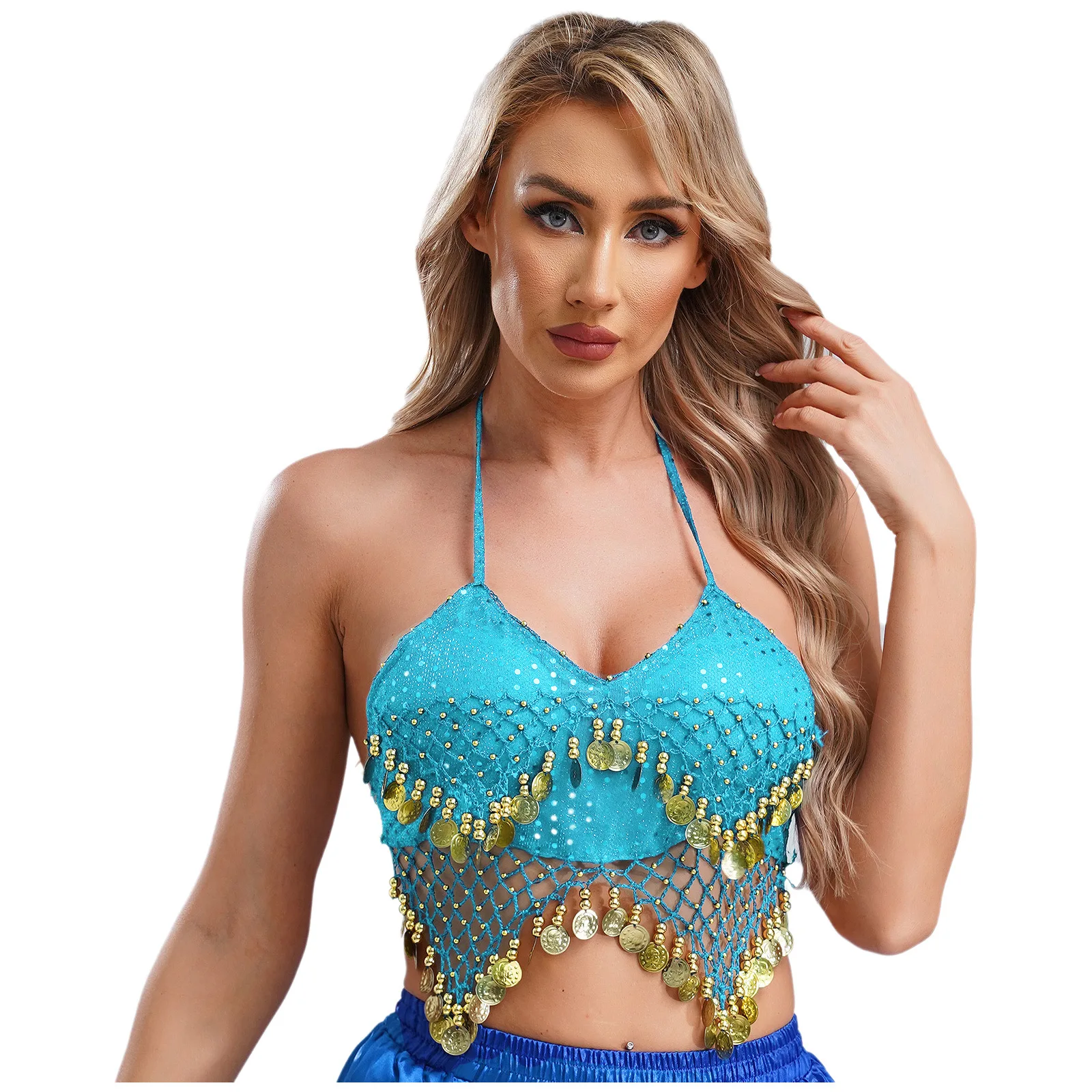 Womens Halter Bh Tops Pailletten Kralen Kwastje Lace-up Buikdans Crop Top Boho Festival Buikdans Prestaties Kostuum Danskleding