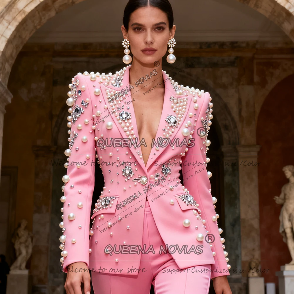 Luxus Perlen Perlen Anzug Frauen 2-teilige Sets Braut Mutter Kleider Angepasst Einreiher Prom Blazer Dame Bankett Kleidung