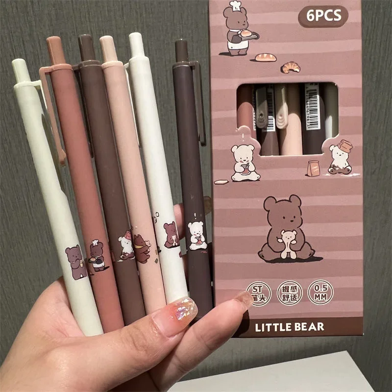 6pcs/set Cute Teddy Bear Gel Pen Simple Good-looking Quick-dry The 0.5 Mm ST Head Black Carbon Pen Pupil Do Homework Specific