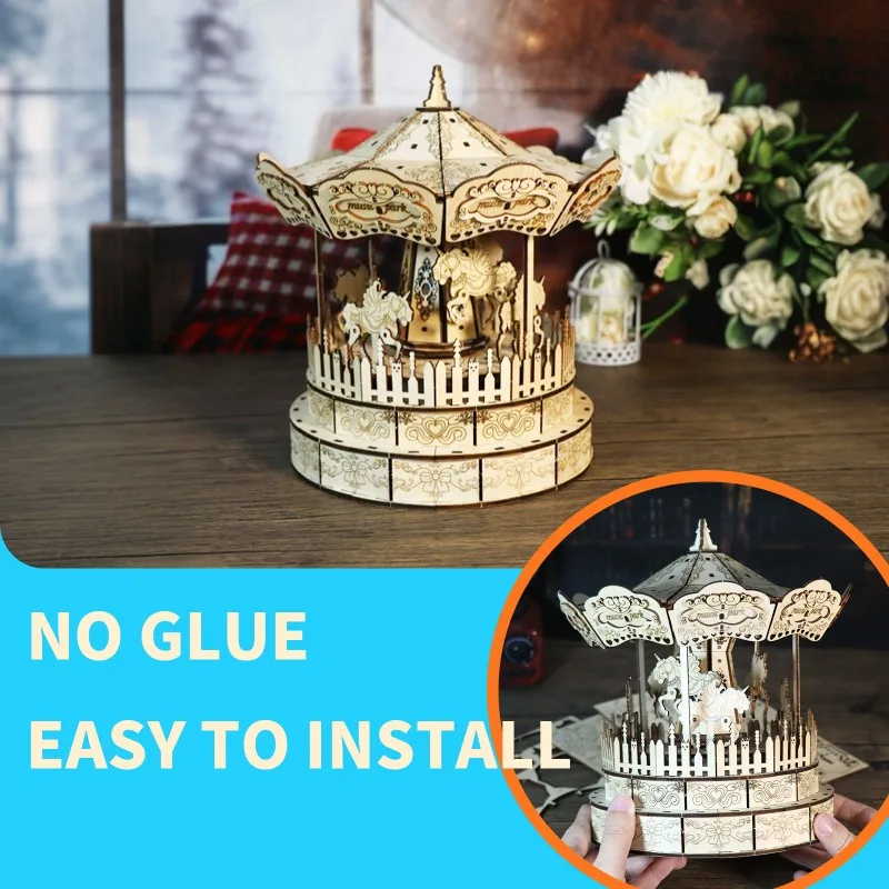 Music Park 3D Wooden Puzzle Carousel Music Box DIY Hand Assembled Mechanical Model Kit Carousel Music Box Christmas Gift
