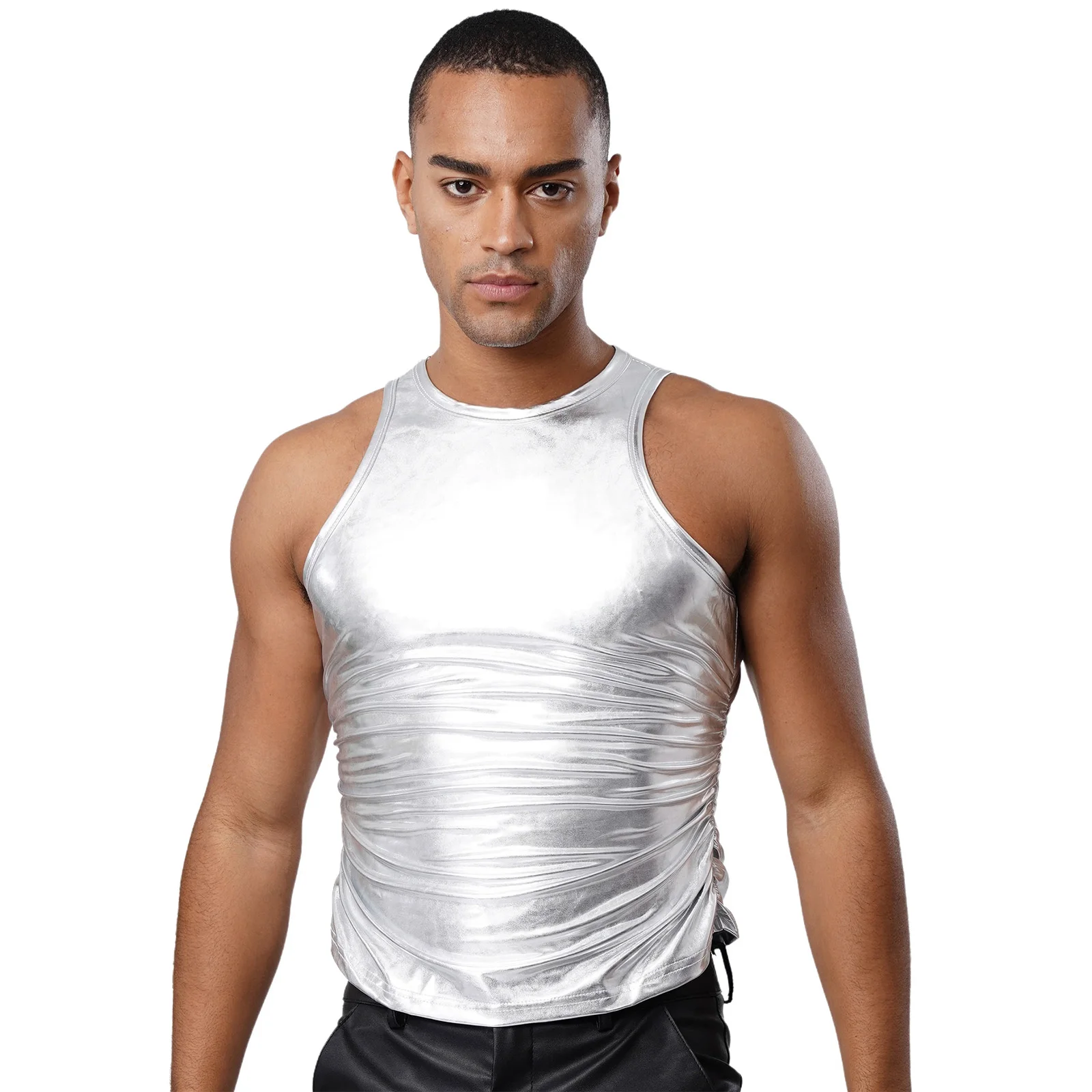 Men Glossy Metallic Shiny Slim-fit Tank Tops Party Dance Costume Round Neck Sleeveless Ruched Skinny
