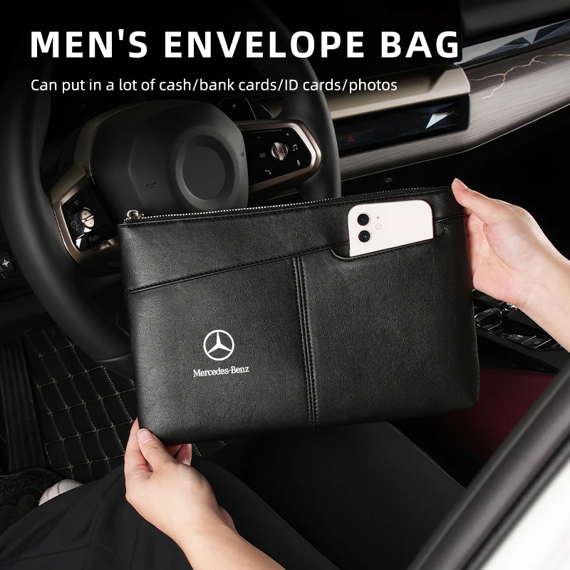 Car Logo Business Briefcase Leather Men Phone Key Storage Bag For Mercedes Benz A B C E S Class W201 W210 W108 W205 W203 C180