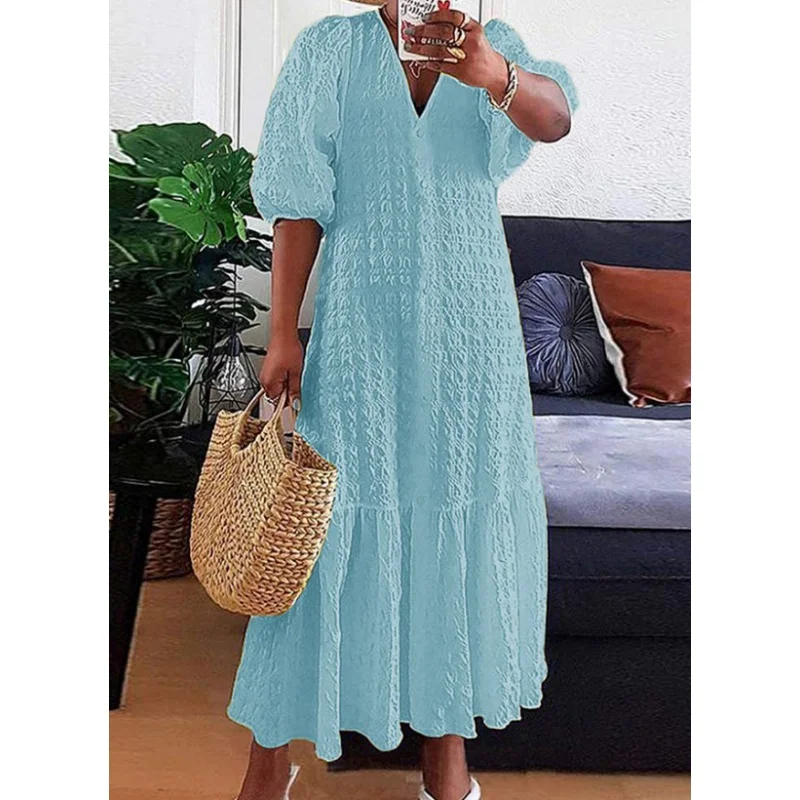 2024 Summer Hot Selling New Plain Color V-Neck Button Pleated Loose Casual Dress