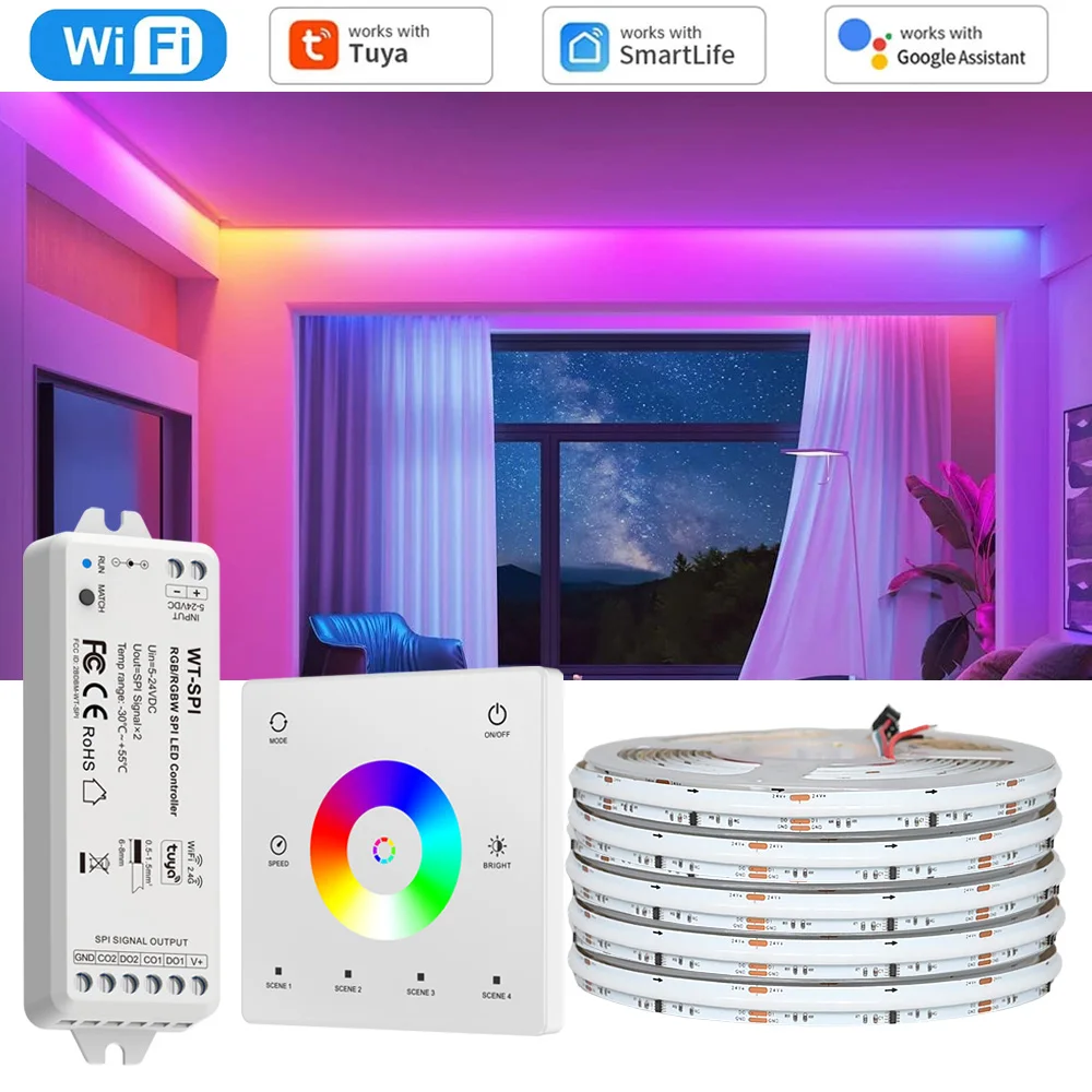 10m 20m Tuya WiFi COB RGBIC LED Strip 24V Addressable Room Light Decor 2.4G Touch Remote for Alexa Google Assistant SmartThings