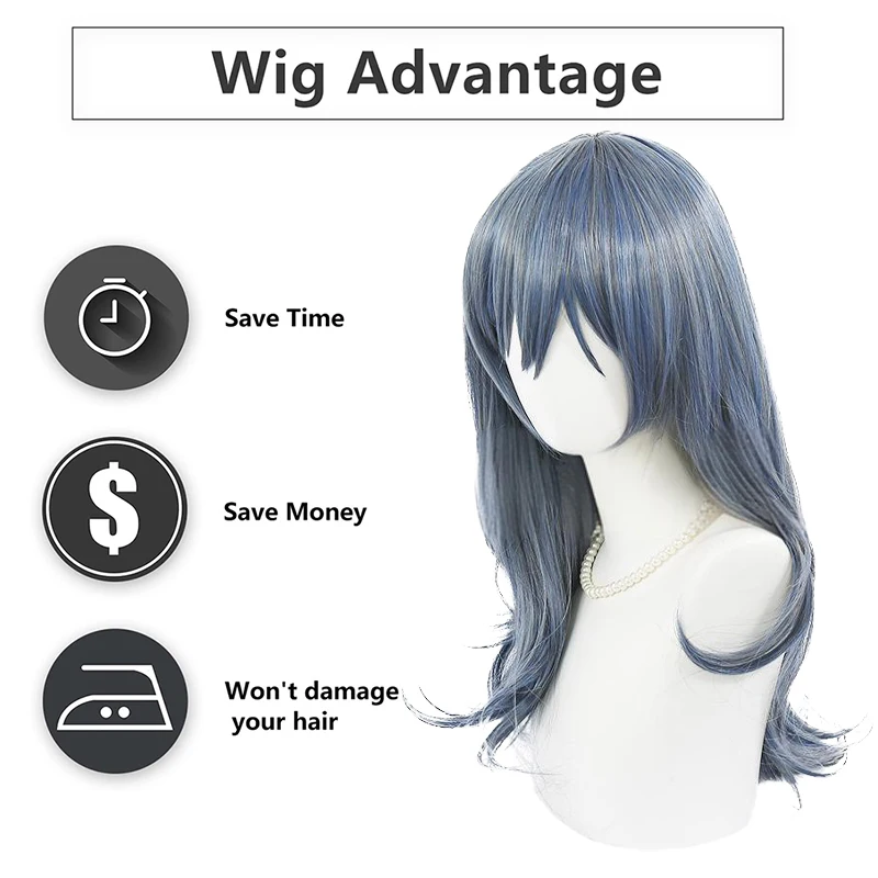 Asahi Rokka Cosplay Wig Blue Gray with Bangs Long Wavy Heat Resistant Synthetic Hair Simulation Scalp for Women Convention Party