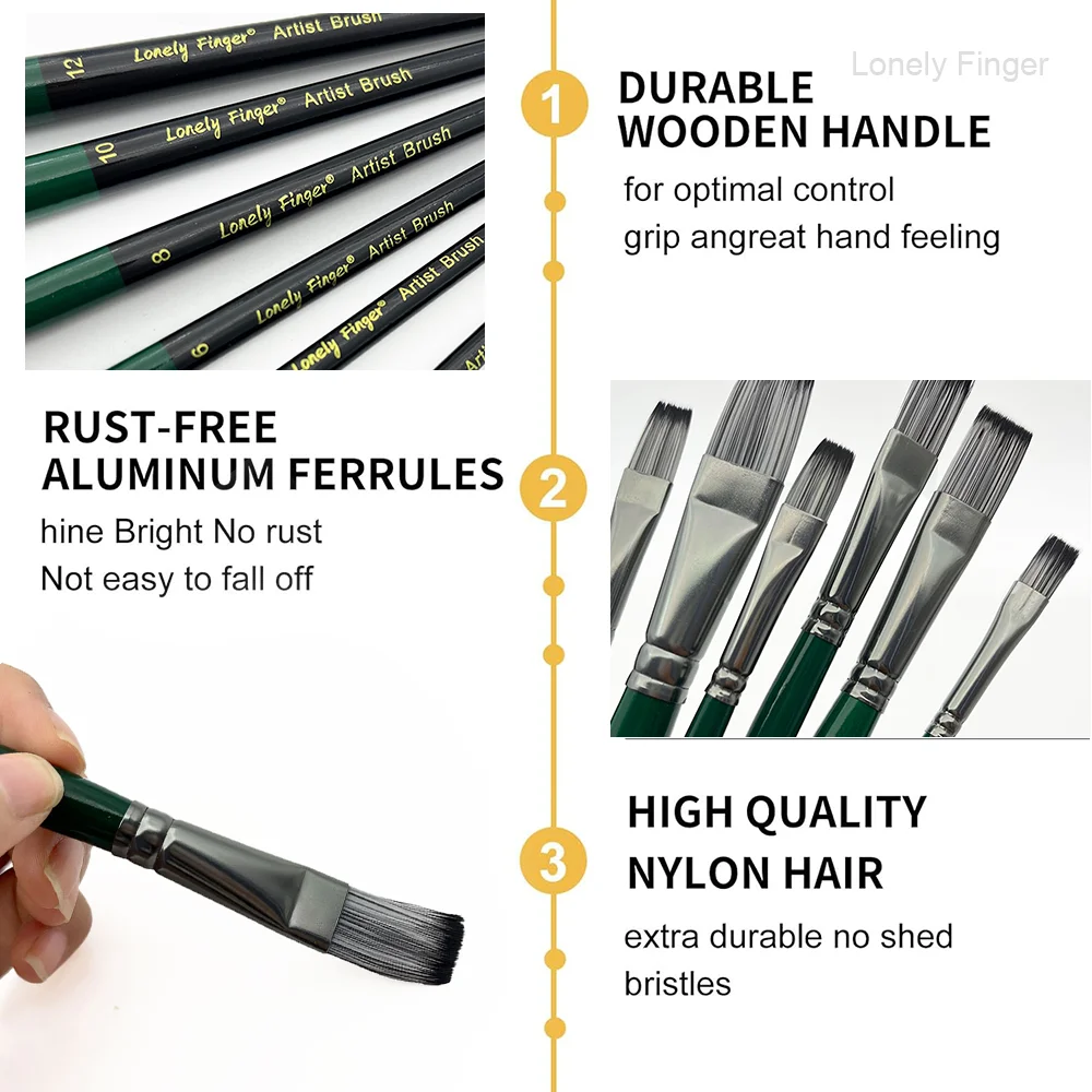 مجموعة فرش مسطحة مكونة من 6 قطع، فرش طلاء نايلون احترافية، فرشاة فنية للألوان المائية والأكريليك والرسم الزيتي