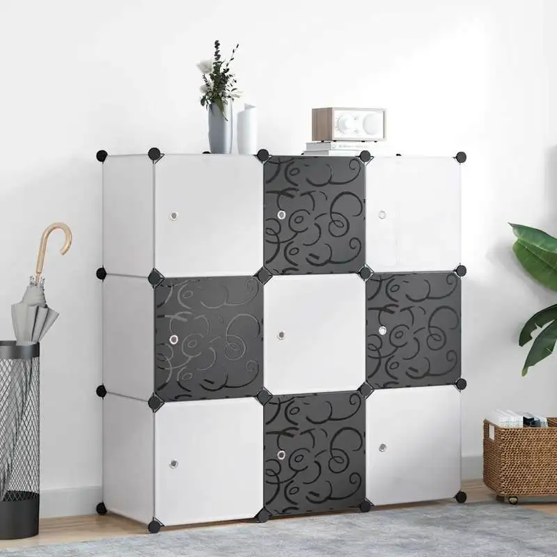 Unité de rangement modulaire à 9 cubes, construction en plastique PP et fil chromé, conception empilable pour un assemblage facile, idéale pour organiser les jouets, les livres, les documents dans le salon, la chambre ou le bureau.