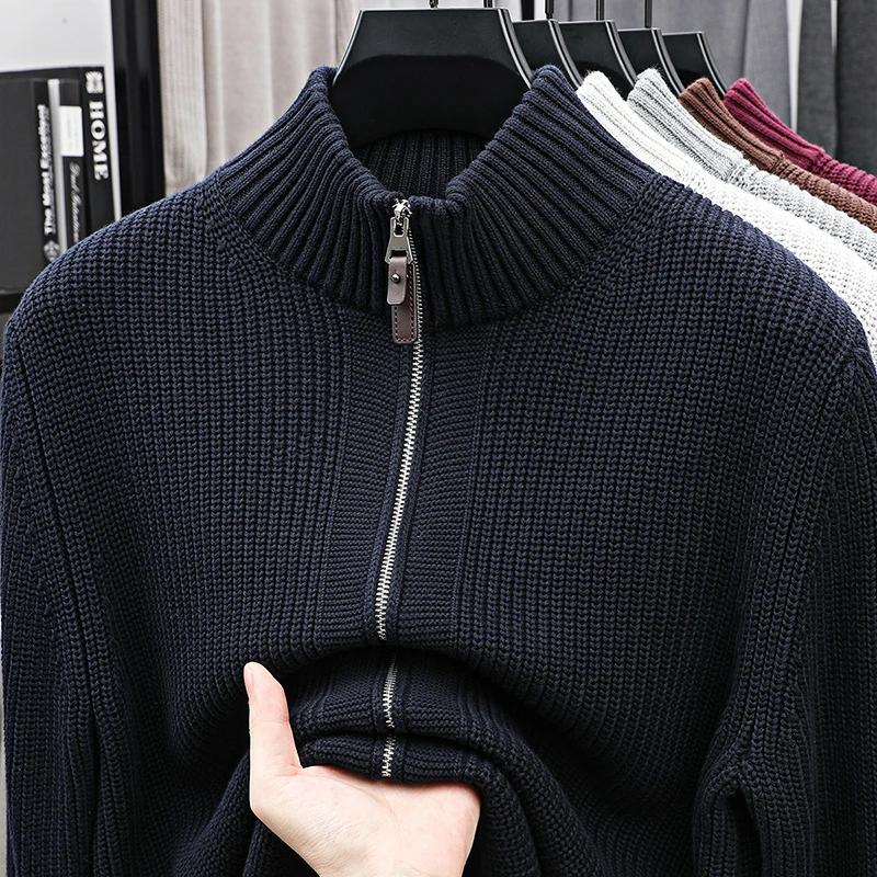 

Утепленный мужской свитер на молнии из 100% хлопка, однотонный, с воротником-стойкой, осенне-зимний, повседневный, стандартный крой