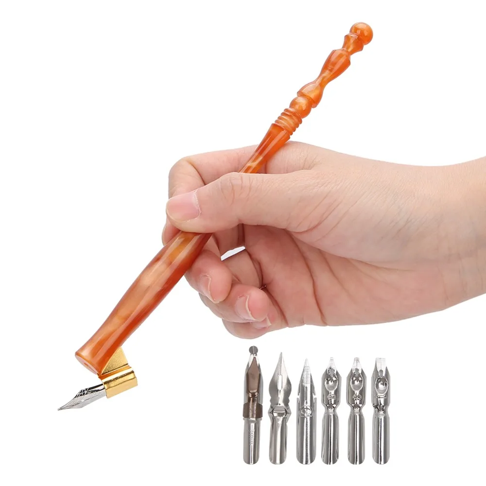 7pcs Beautiful Resin Handle Dip Pen Set Antique Copperplate Finish Flat Nibs Calligraphy Dip Pen Oblique Pen Holder For Artists