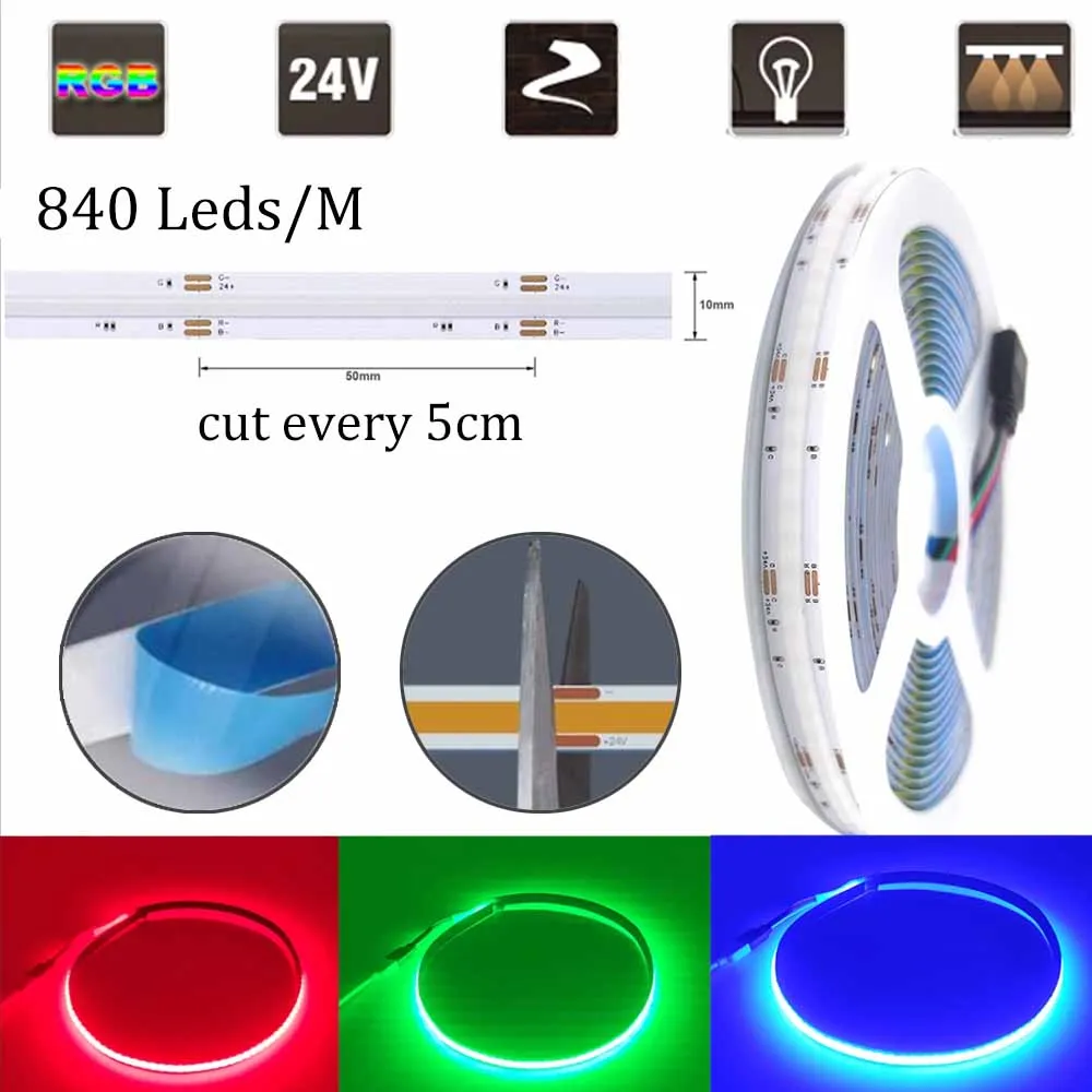 1-10M COB LED Linear Strip Lights RA90 320/608/640/840leds High Density Flexible FOB COB Dimmable Light DC24V DW/CCT/RGB/RGBCCT