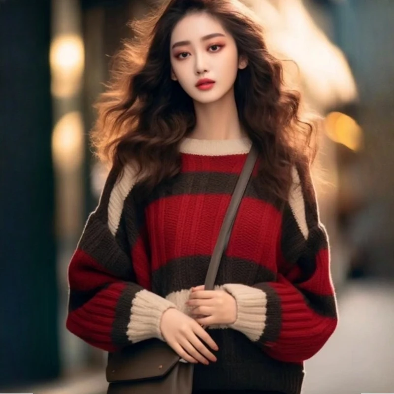 

Вязаный женский свитер, корейская зимняя одежда, модные свободные осенние джемперы для отдыха, женский пуловер в полоску с длинными рукавами