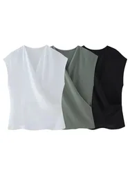 HH Women Vintage Solid Tank Tops Casual Loose Sleeveless Shirt V Neck Blouse Y2k Female Summer Fashion Chic Top Vest