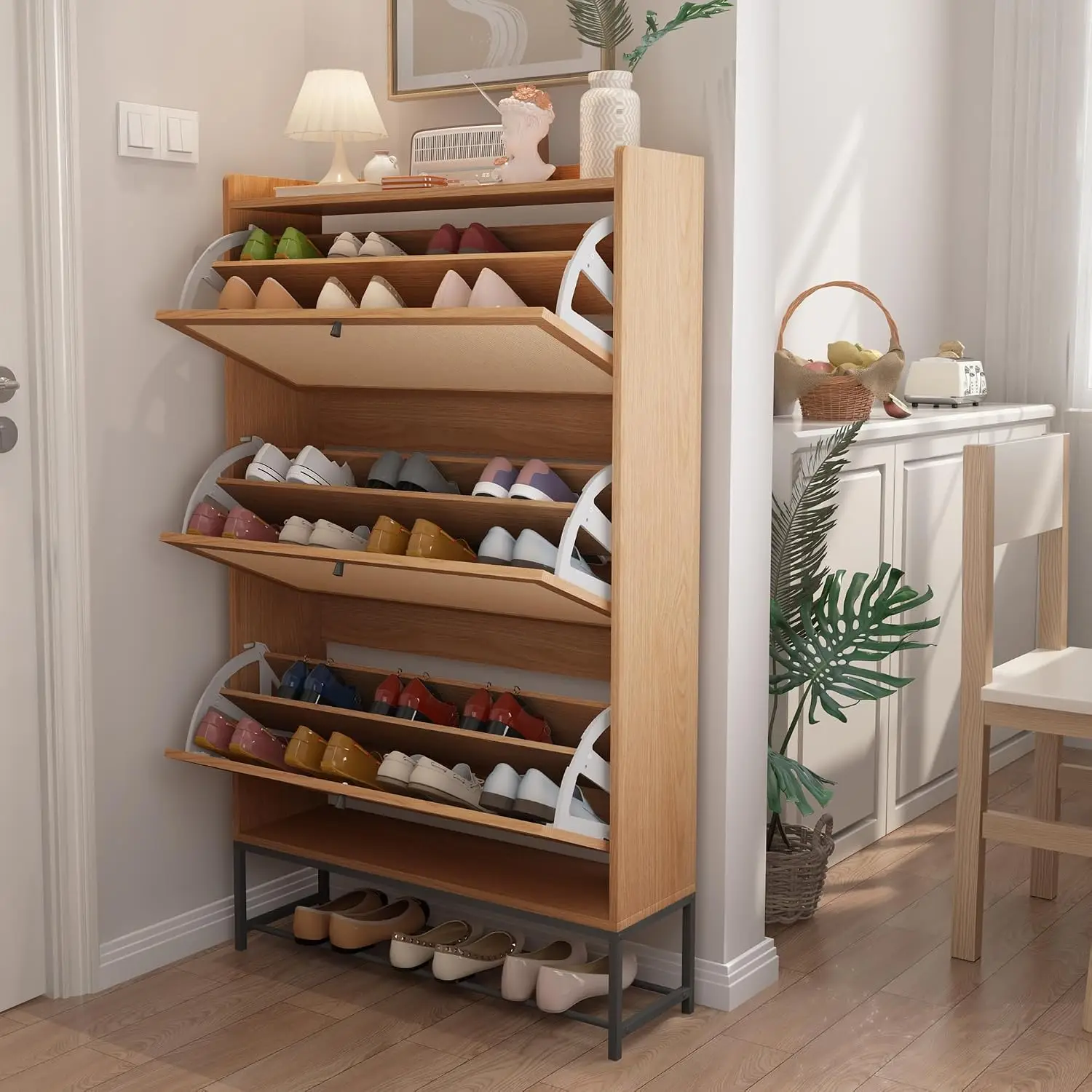 Slim Shoe Storage Cabinet with Linen Panel, Freestanding Narrow Organizer with 2 Flip Drawers, Wood Closed Rack for Entryway & H