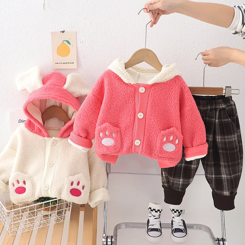 

‌2025 Winter Girls Fleece Hoodie Set with Bear Embroidery Warm Thickened Two-Piece Outfit for Toddler Soft Cotton Blend Casual