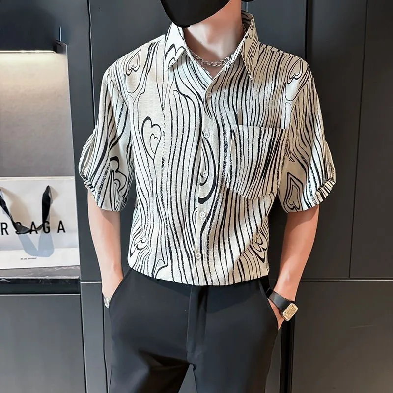 

Fashion Lapel Pockets Spliced Printed Striped Shirts Men's Clothing 2025 Summer New Loose All-match Tops Punk Shirts