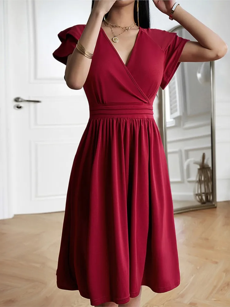 

Autumn Dress Elegant Temperament Casual High Waisted Solid Color Petal Sleeves Dresses 2025 New Women's Festival Dress Up Party