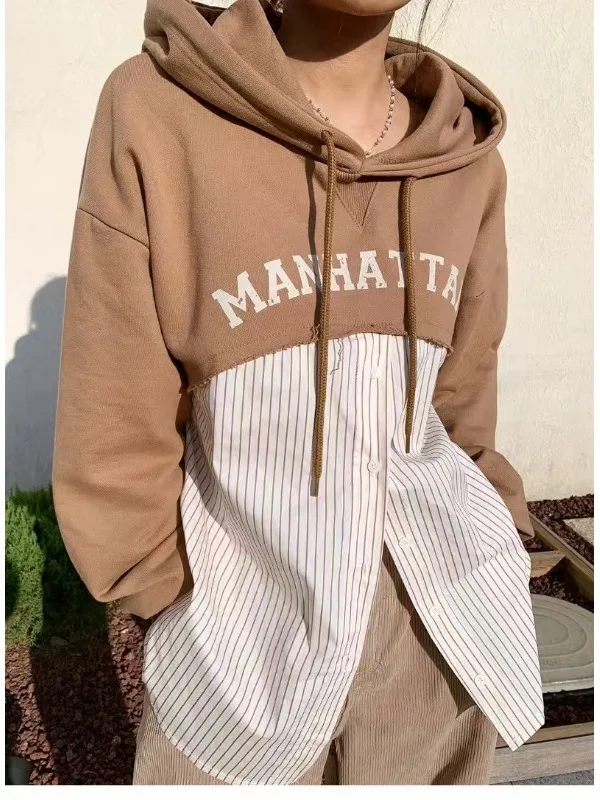 Trendiger, übergroßer, langer Sve-Hoodie für Damen, Patchwork-Streifendruck, bequem, vielseitig, Herbstfaion, lässige Streetwear