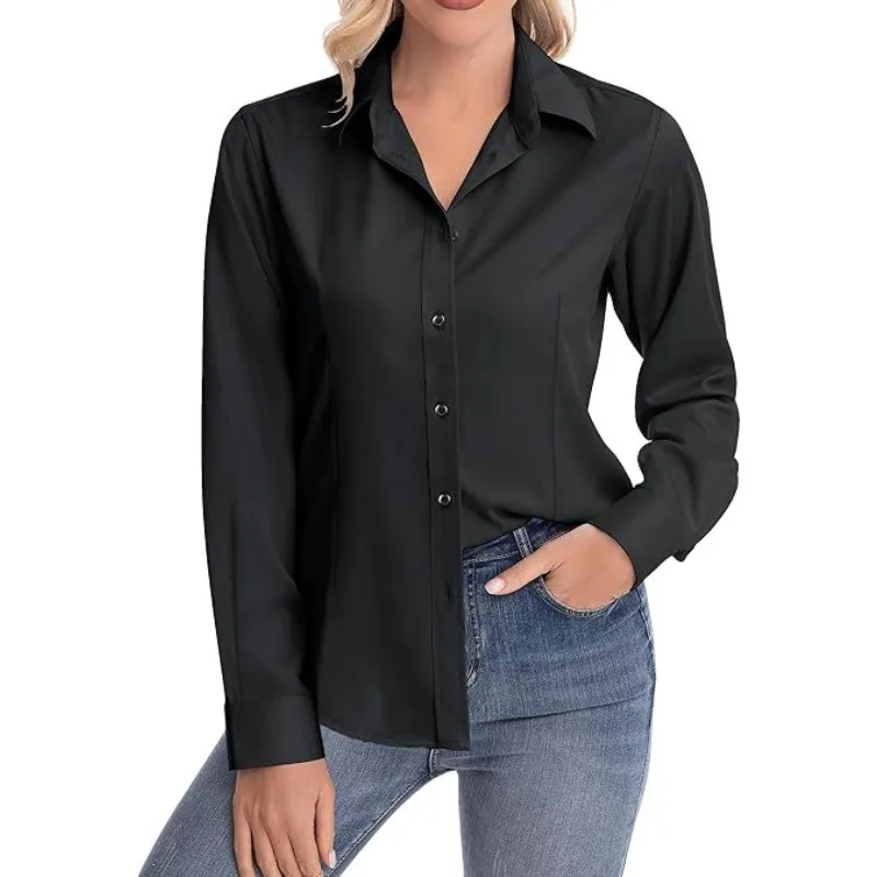 Women's Fitted Solid Color Shirt Lapel Long Sleeve Button Down Slim Blouse Multi Colors Women' S Clothes for Office Daily Wear
