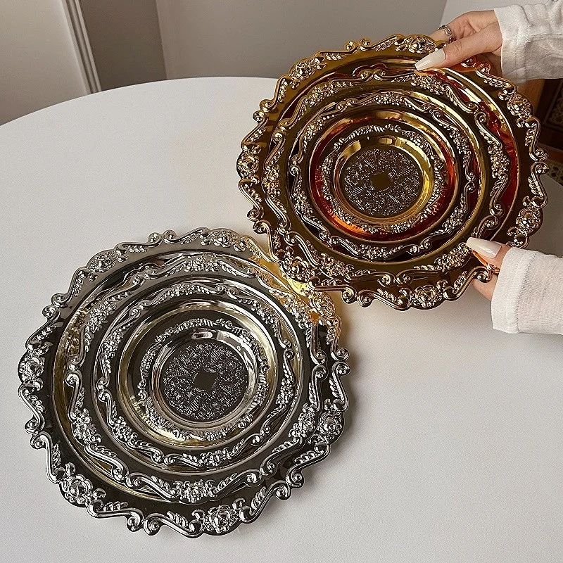 الرجعية الفاخرة الفضة مطلي لوحات كعكة الحلوى صينية عالية الشاي وجبة خفيفة طبق للفاكهة تخزين المجوهرات منضدية ديكور لوازم الفنادق المنزلية #2